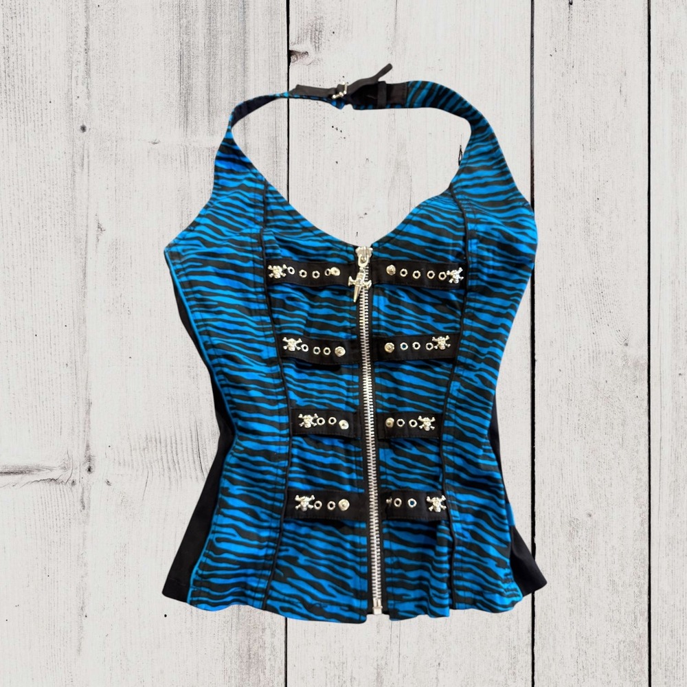 Rare Tripp NYC Blue Zebra Skull Corset Halter Top Y2K Size S/M